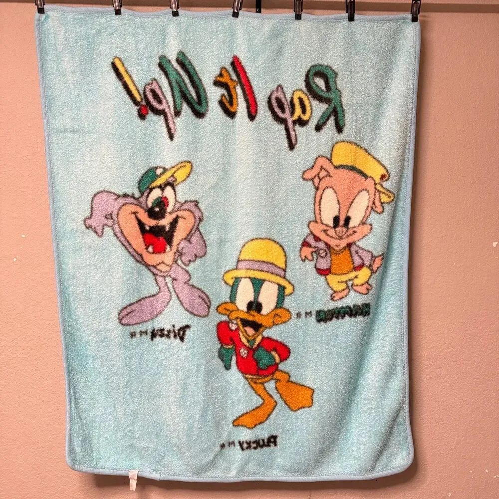 Vtg 90s Y2K Tiny Toons Rap it Up! plush blanket - blue Looney Tunes 53 x 45